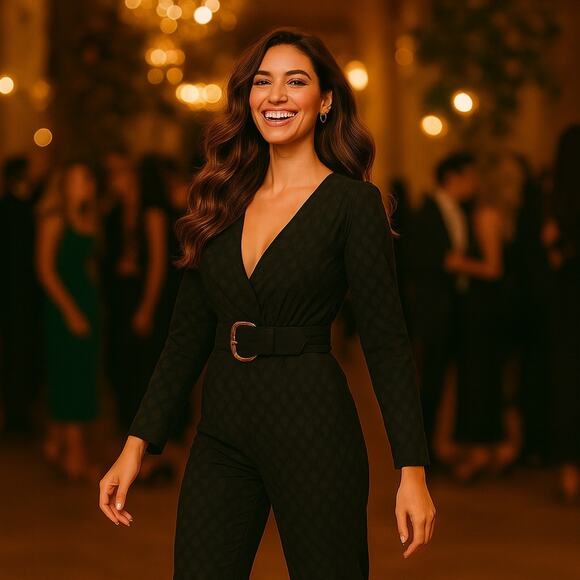 TANYA TAYLOR Talisia Straight Leg Belted Jumpsuit Black Long Sleeve V Neck NEW - Picture 2 of 13